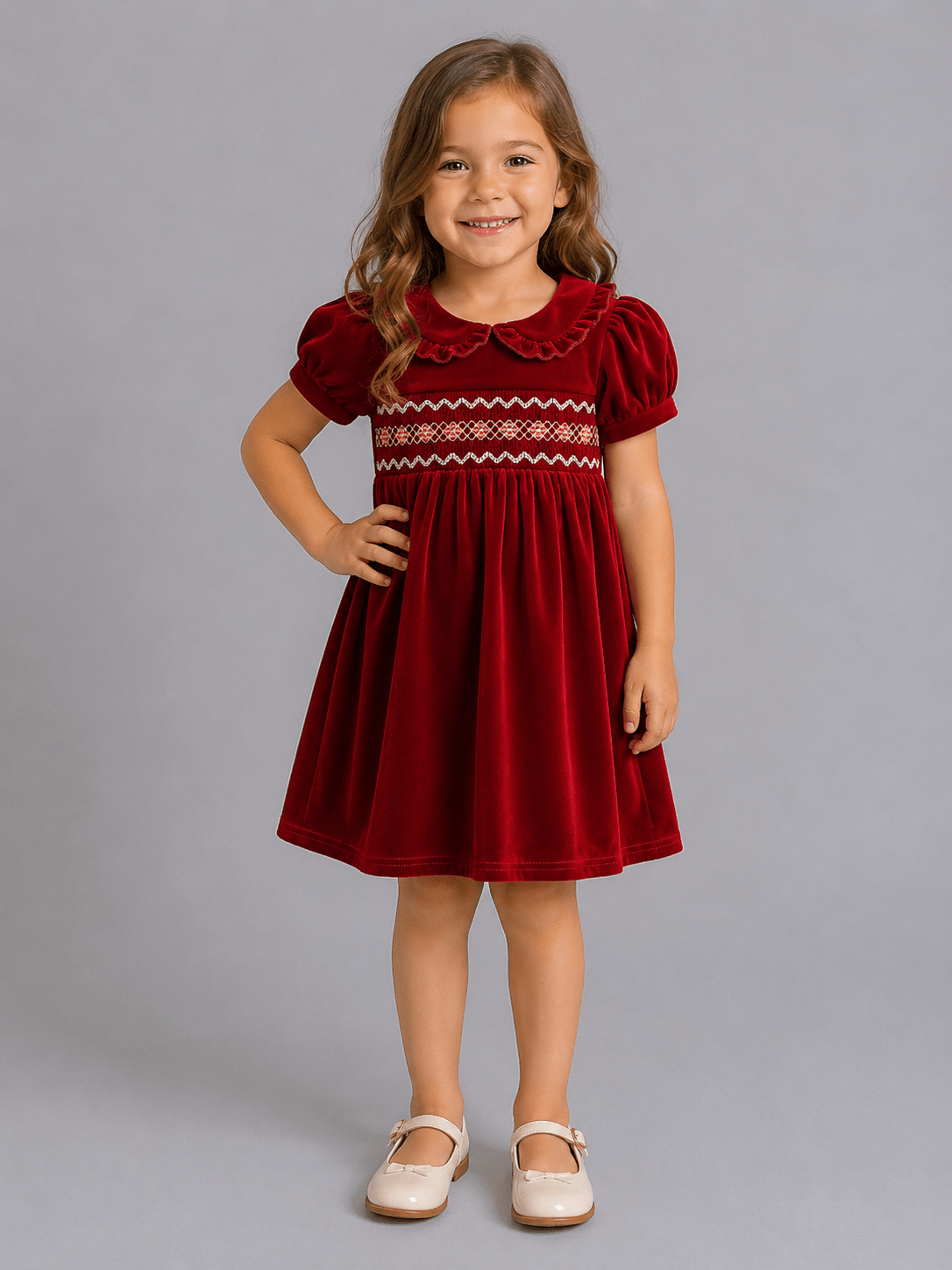 The Hair Bow Company - Girls Velvet Smocked Peter Pan Collar Dress: Scarlet / 3T