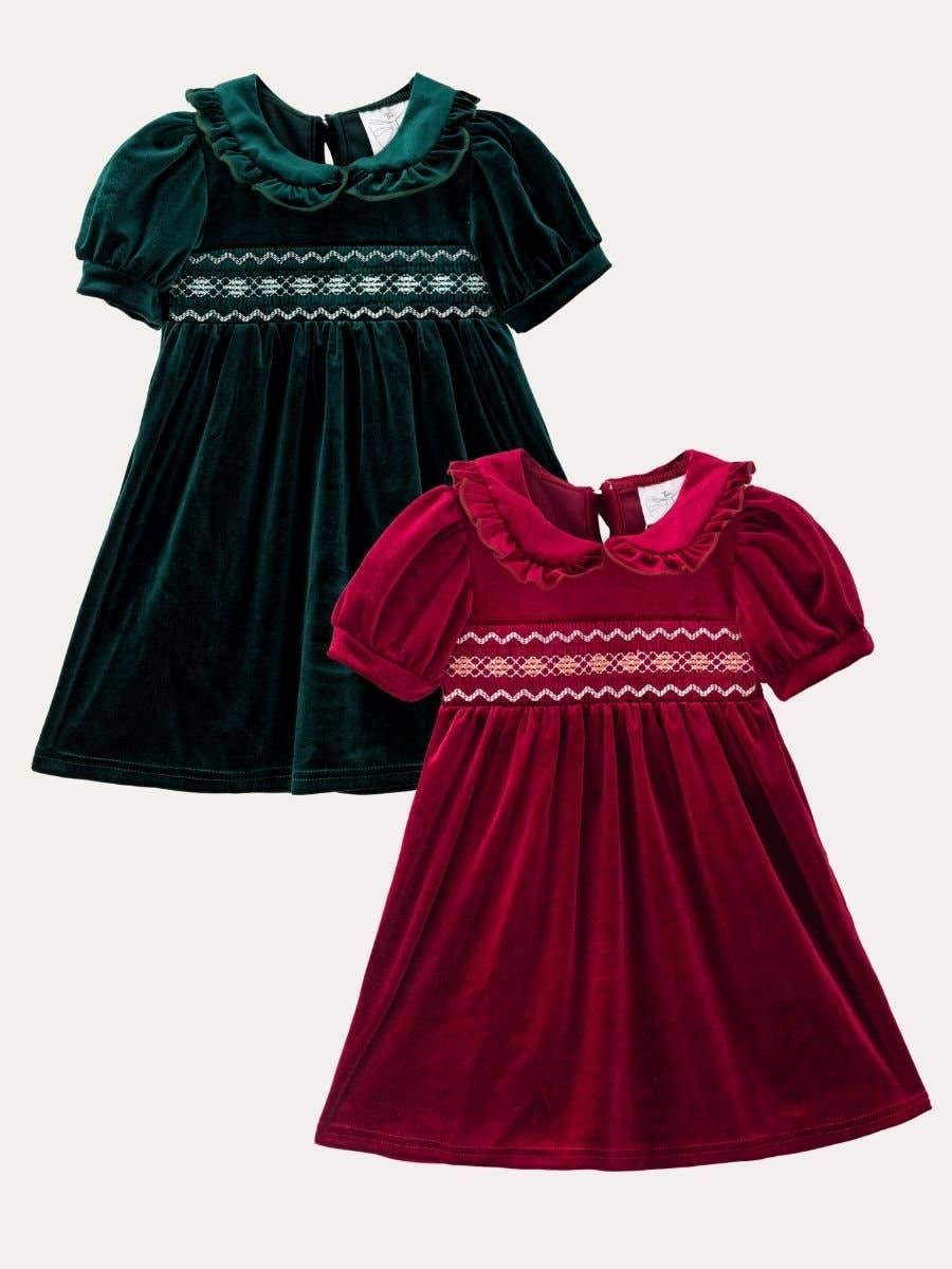 The Hair Bow Company - Girls Velvet Smocked Peter Pan Collar Dress: Scarlet / 5T