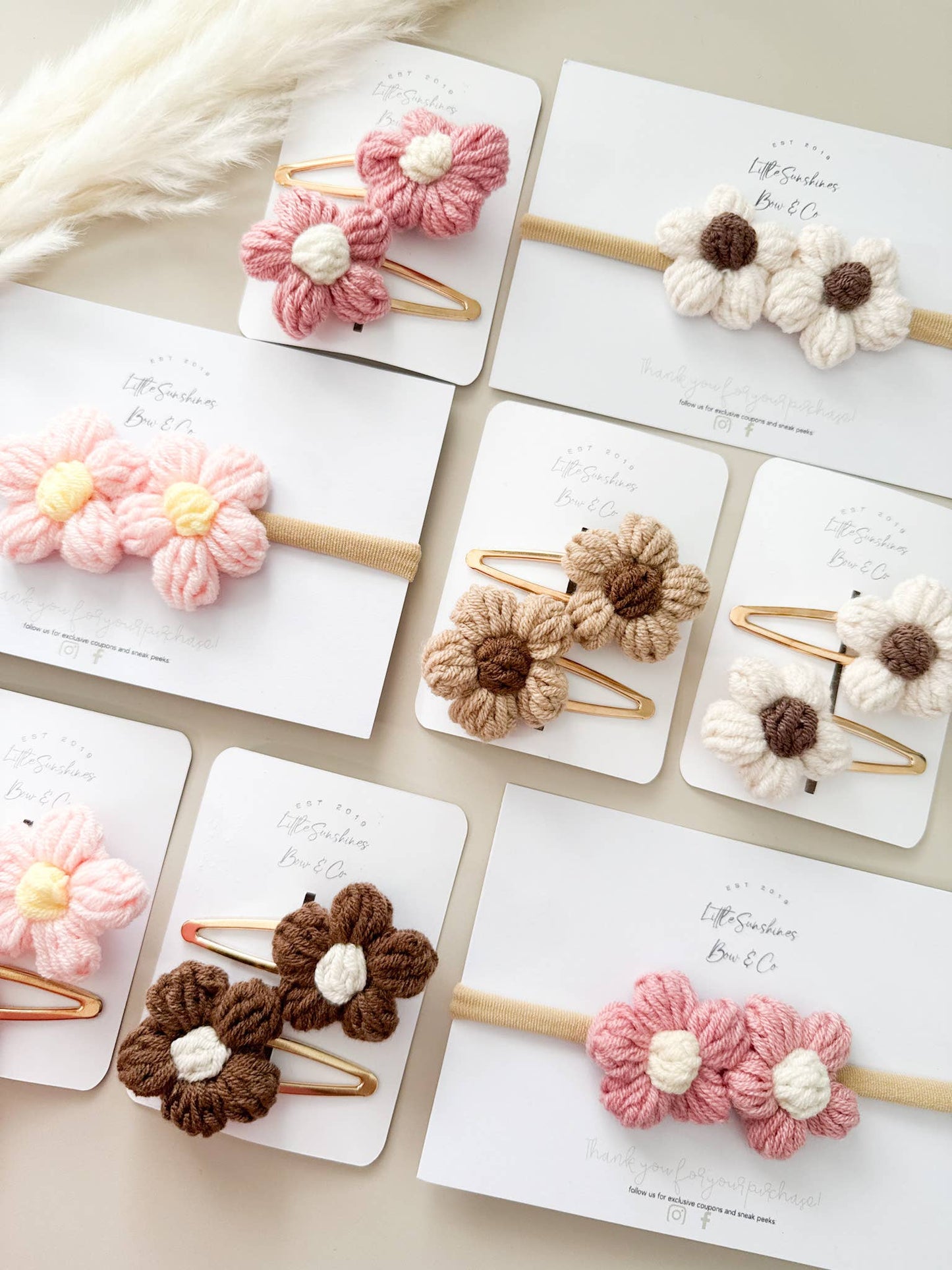 Little Sunshines Bow & Co - Crochet Flowers Hair Clips & Headbands: Pink & Yellow Flower / Nylon Headband