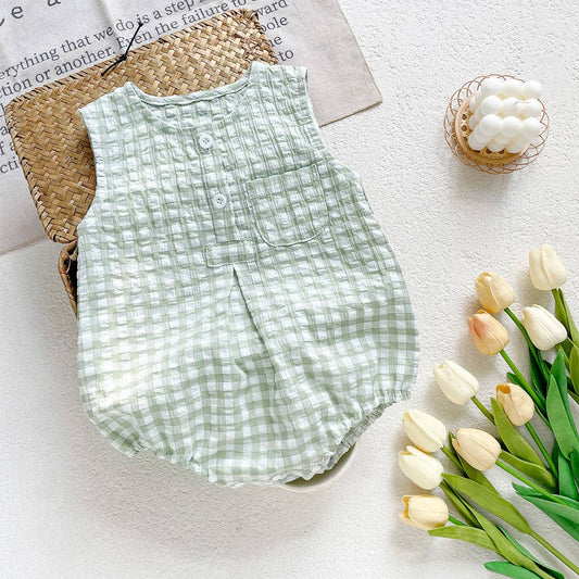 PatPat - Blue White Checkered Sleeveless Romper for Baby: Green / 6-9M