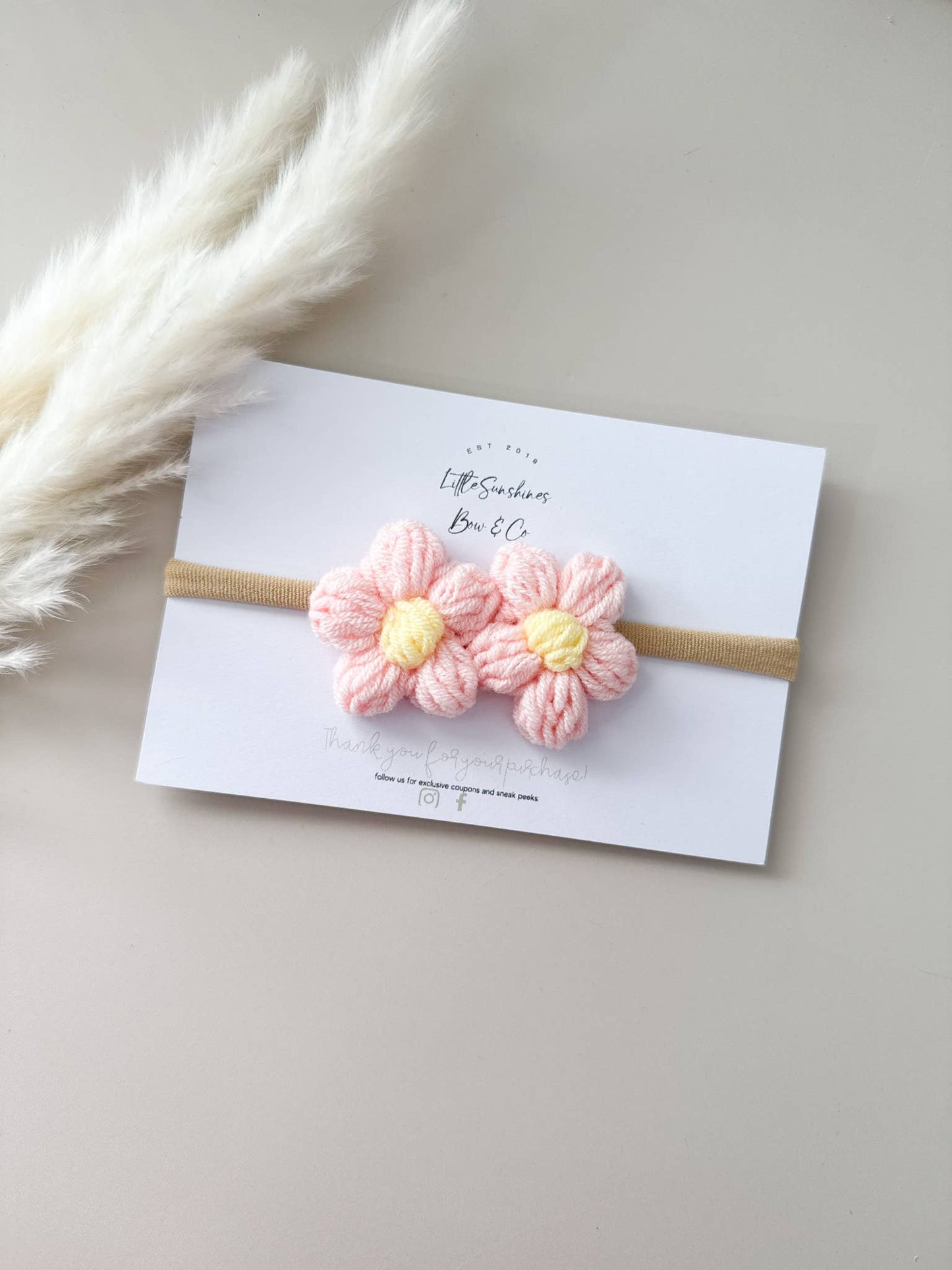 Little Sunshines Bow & Co - Crochet Flowers Hair Clips & Headbands: Rose Pink & White Flower / Nylon Headband