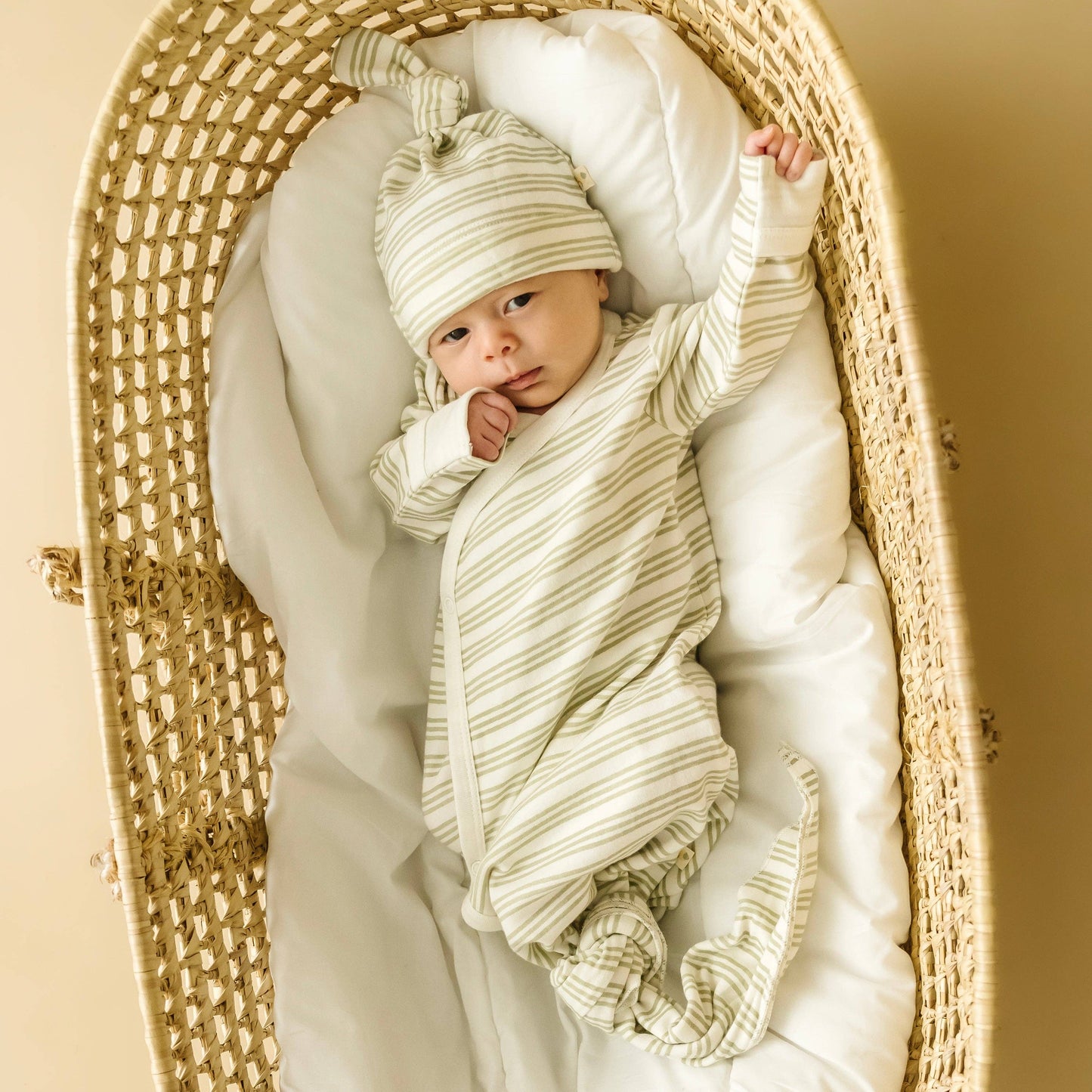 Organic Cotton Kimono Knotted Sleep Gown & Top Knot Hat - Foam Stripes