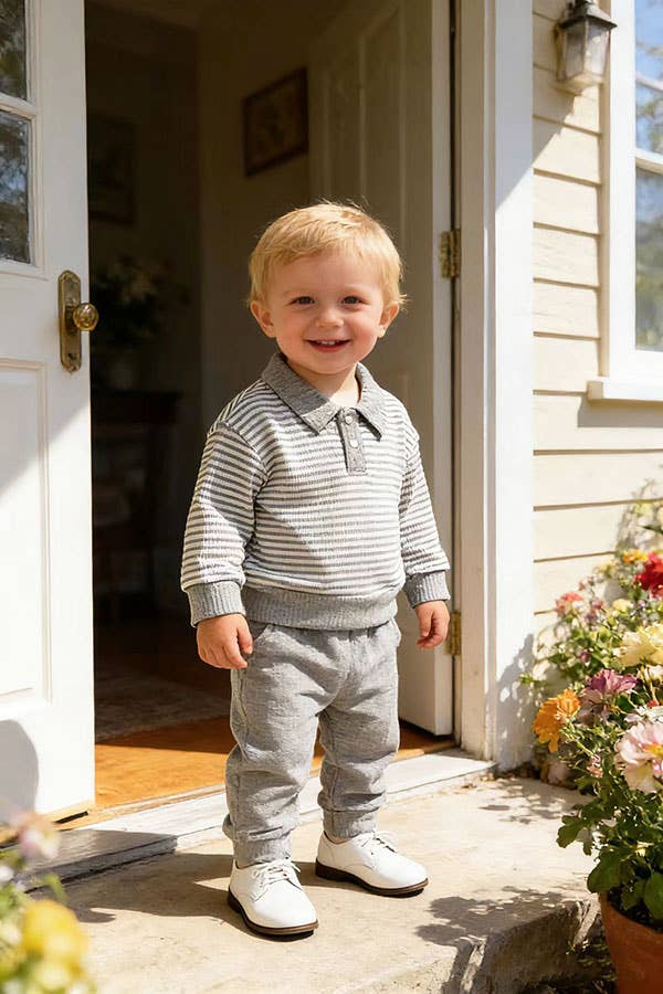 luluclothes - Grey knitted long sleeve top & pant 2pc boy set 251282M: 18-24MONTHS