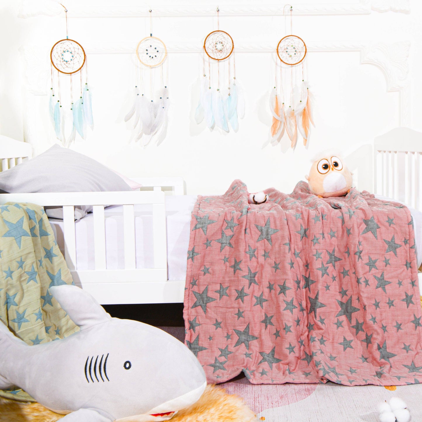 Bay & Loom - 3 Layer Muslin Cotton Jacquard Toddler Blanket: Blue / 30 x 40 inches