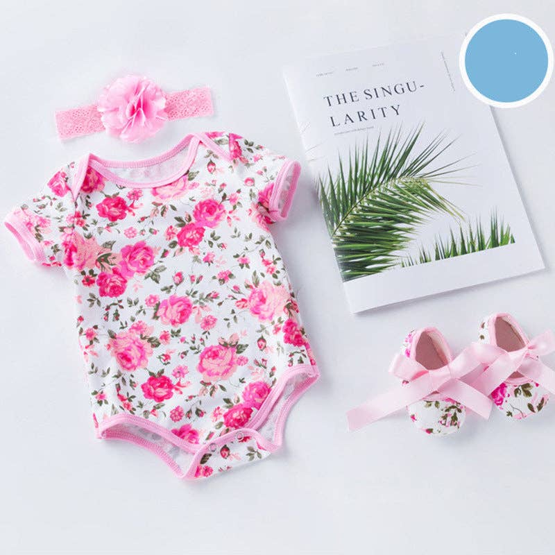 The Find Peaks - Infant Summer Romper Set with Short Sleeves and Leopard Rose Print: Rose Floral 3-Piece Set / 73 (6–12M)