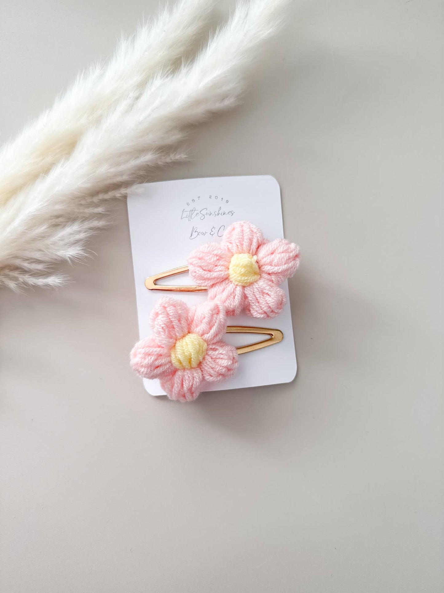 Little Sunshines Bow & Co - Crochet Flowers Hair Clips & Headbands: Rose Pink & White Flower / Nylon Headband
