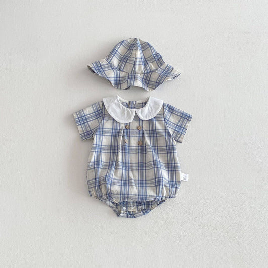 PatPat - Baby Plaid Short Sleeve Romper Set w White Collar Hat: Blue / 9-12M