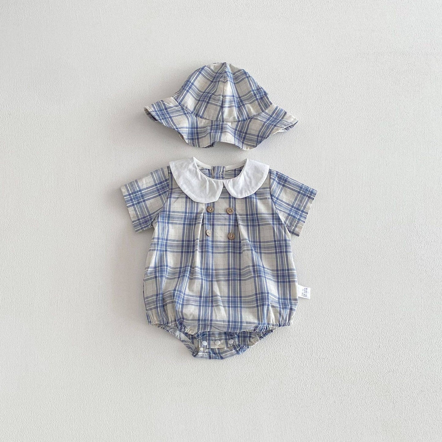 PatPat - Baby Plaid Short Sleeve Romper Set w White Collar Hat: Blue / 12-18M