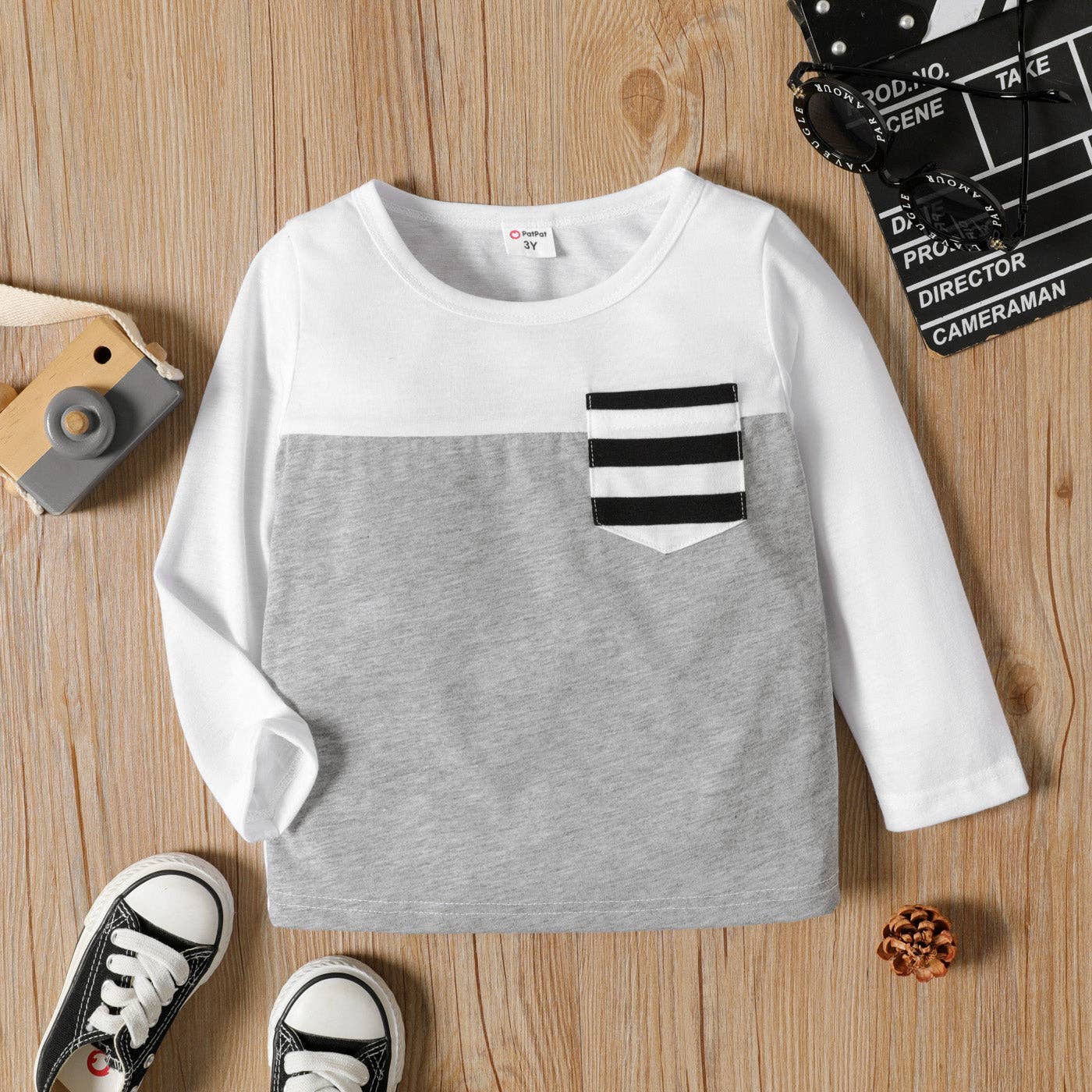 PatPat - Toddler Boy Stripe Splice Chest Pocket Decor Long-sleeve Tee: Light Grey / 5-6 Years