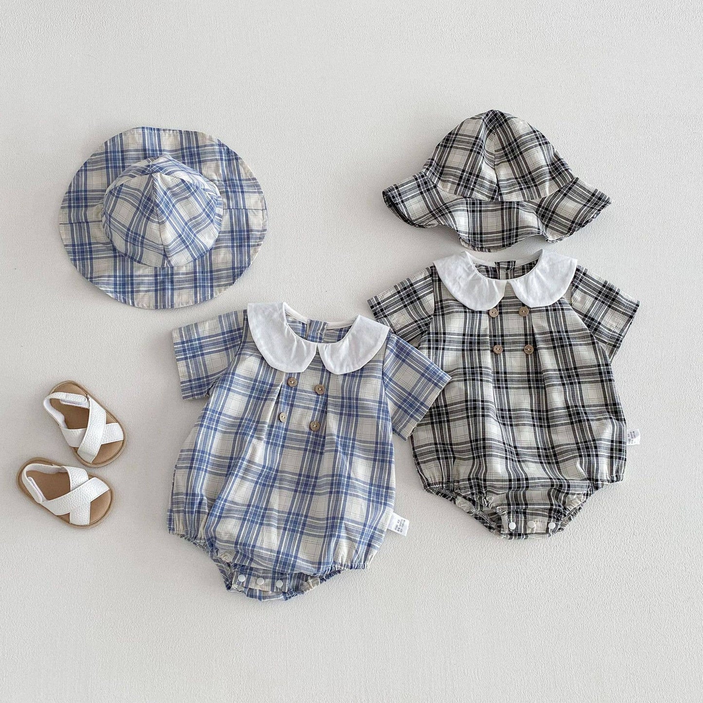 PatPat - Baby Plaid Short Sleeve Romper Set w White Collar Hat: Blue / 9-12M