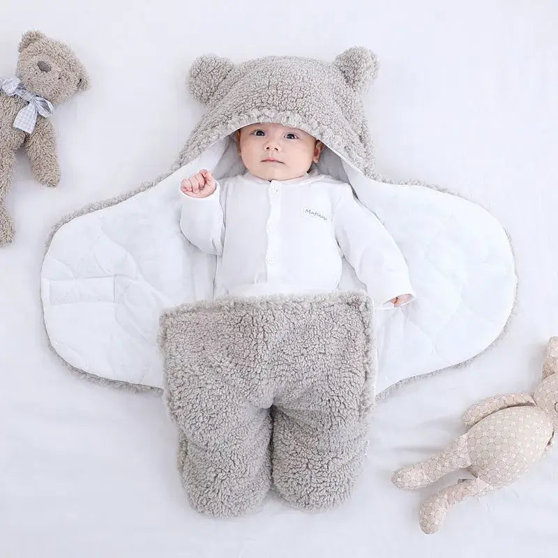 PatPat - Baby Winter Cotton Plush Hooded Swaddles: Gray / 18-36M