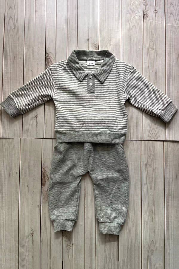 luluclothes - Grey knitted long sleeve top & pant 2pc boy set 251282M: 12-18MONTHS