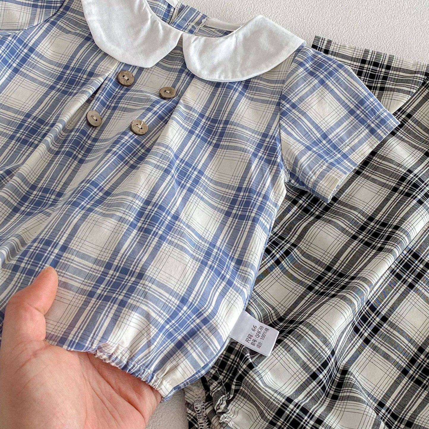 PatPat - Baby Plaid Short Sleeve Romper Set w White Collar Hat: Blue / 3-6M