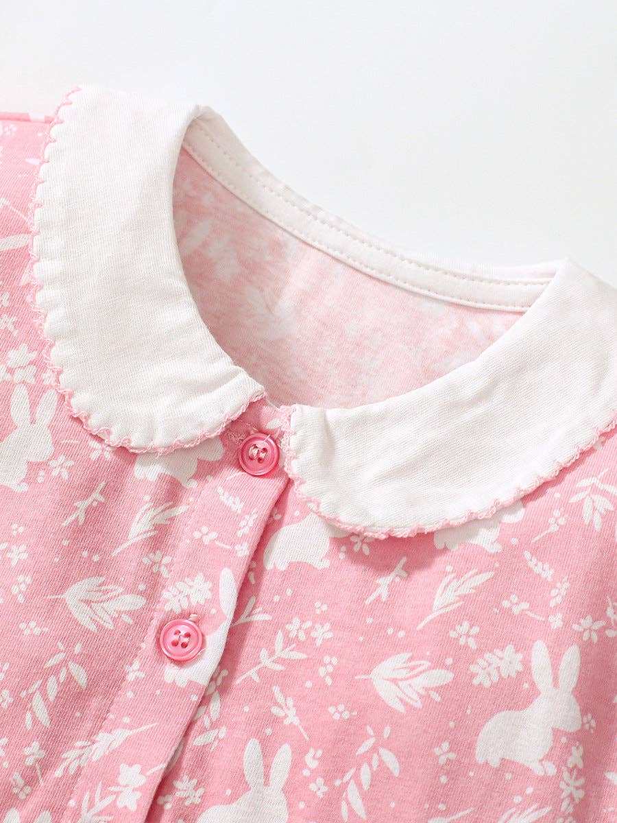 Pink Short Sleeves Dress With Rabbits and Flowers
