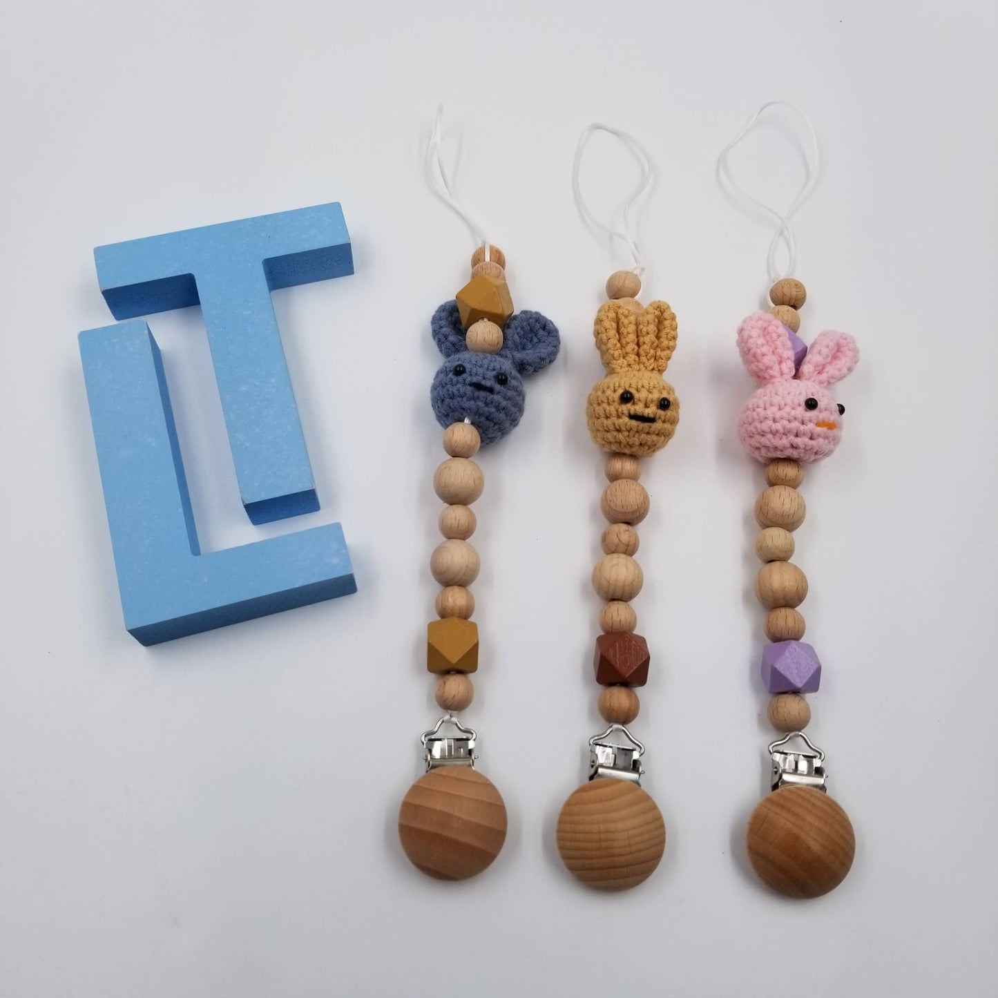 Easter Hand Crochet Bunny Wooden Beaded Pacifier Clips