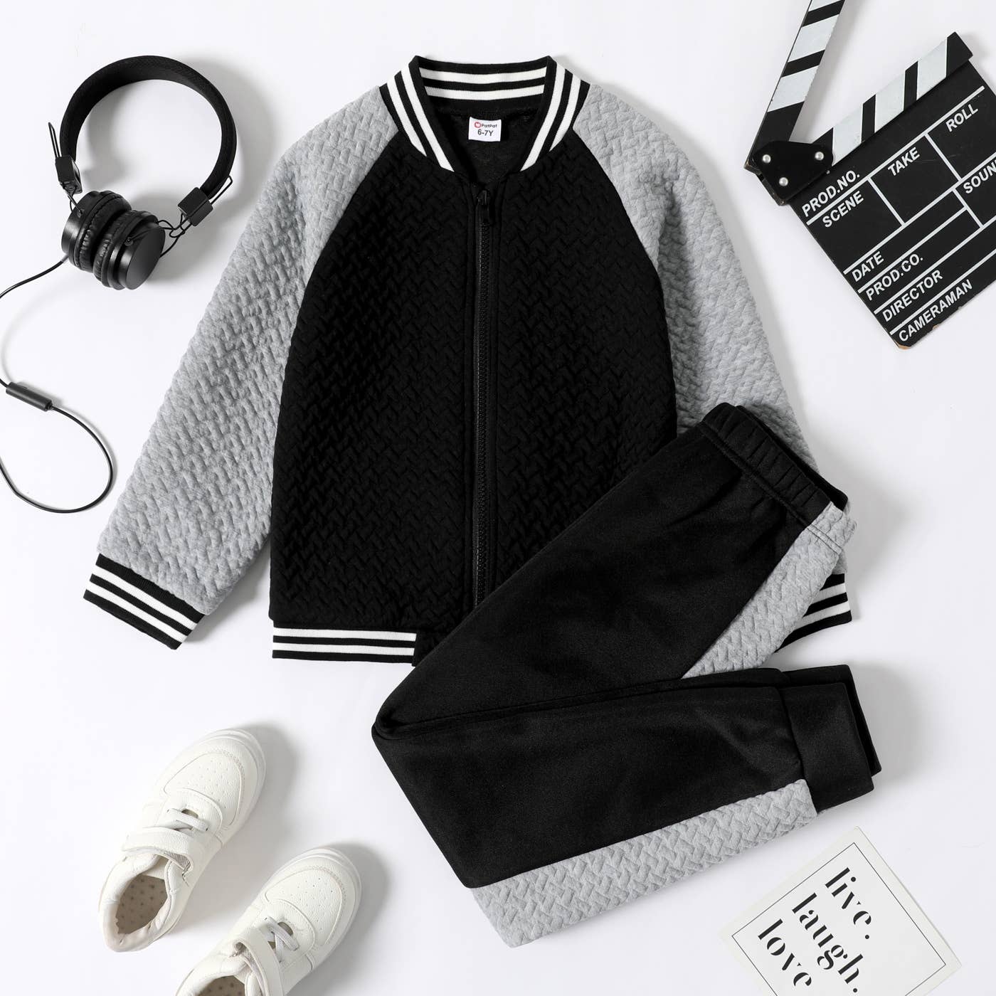 PatPat - 2-pcs Kid Boy Textured Striped Zipper Bomber Jacket & Pants: Black / 5-6 Years