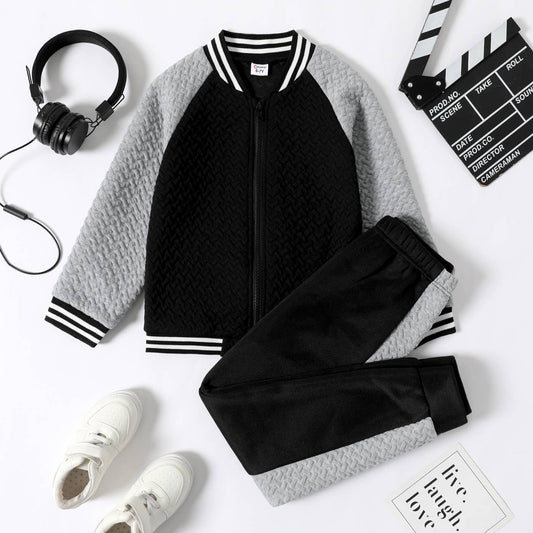 PatPat - 2-pcs Kid Boy Textured Striped Zipper Bomber Jacket & Pants: Black / 5-6 Years