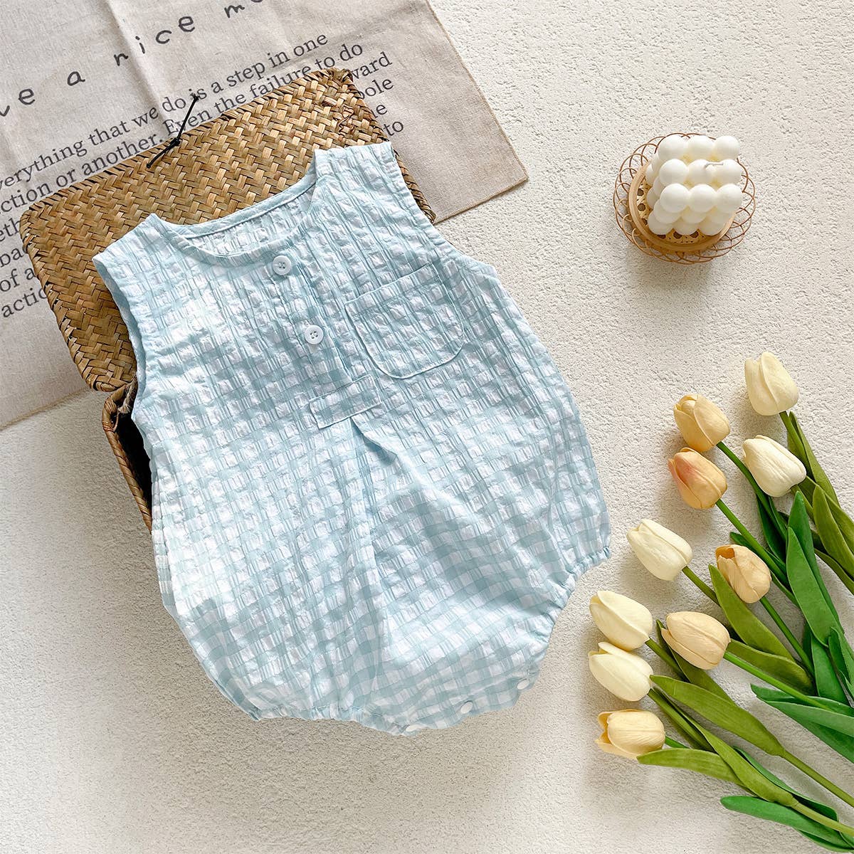 PatPat - Blue White Checkered Sleeveless Romper for Baby: Blue / 9-12M
