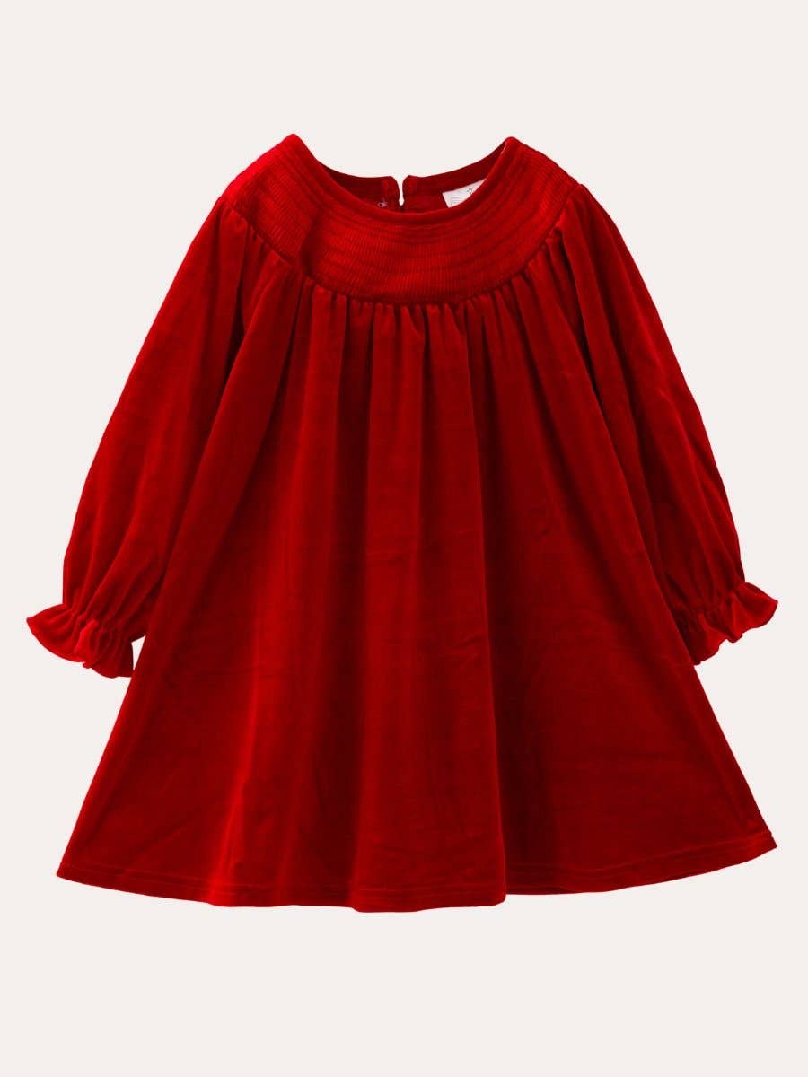 The Hair Bow Company - Classic Smocked Holiday Girls Velvet Dresses: Red / 4T