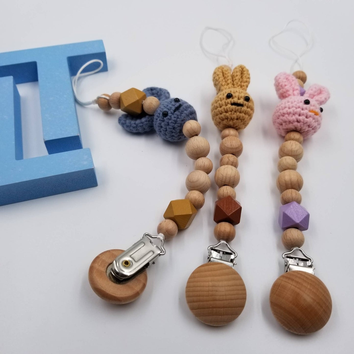 Easter Hand Crochet Bunny Wooden Beaded Pacifier Clips