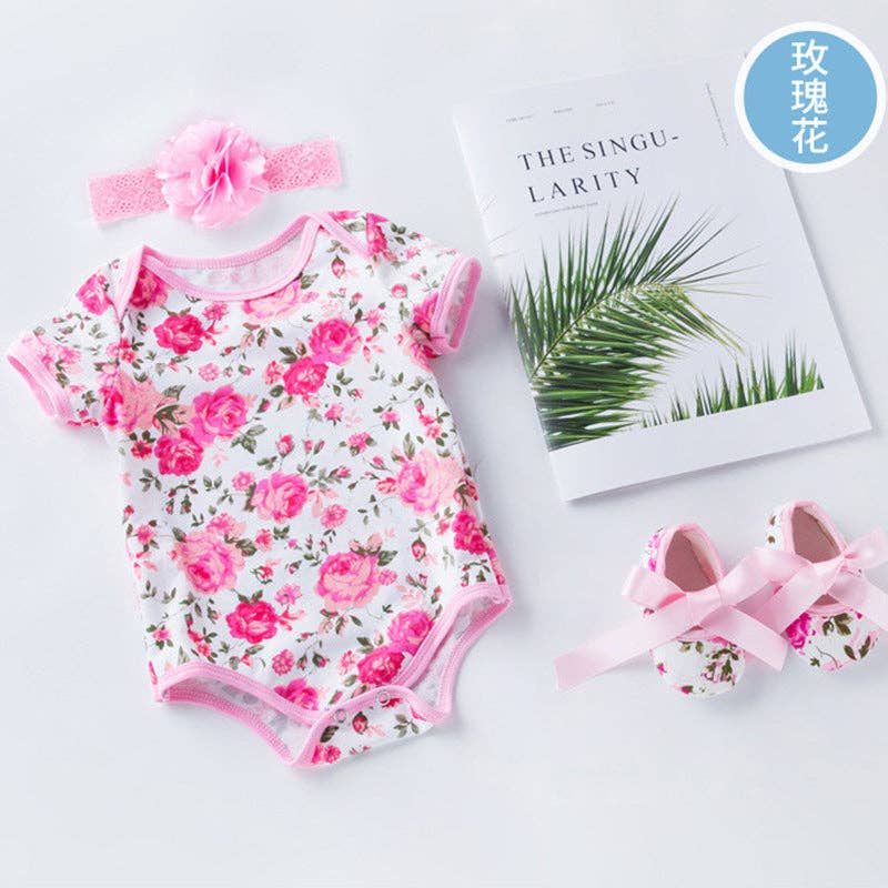 The Find Peaks - Infant Summer Romper Set with Short Sleeves and Leopard Rose Print: Rose Floral 3-Piece Set / 80 (12–24M)