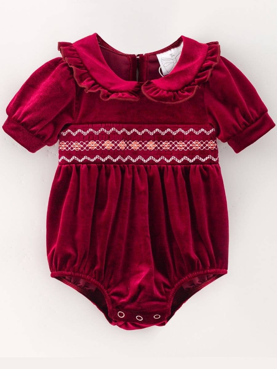 The Hair Bow Company - Baby Velvet Smocked Peter Pan Girls Bubble Romper: Scarlet / 0-3M
