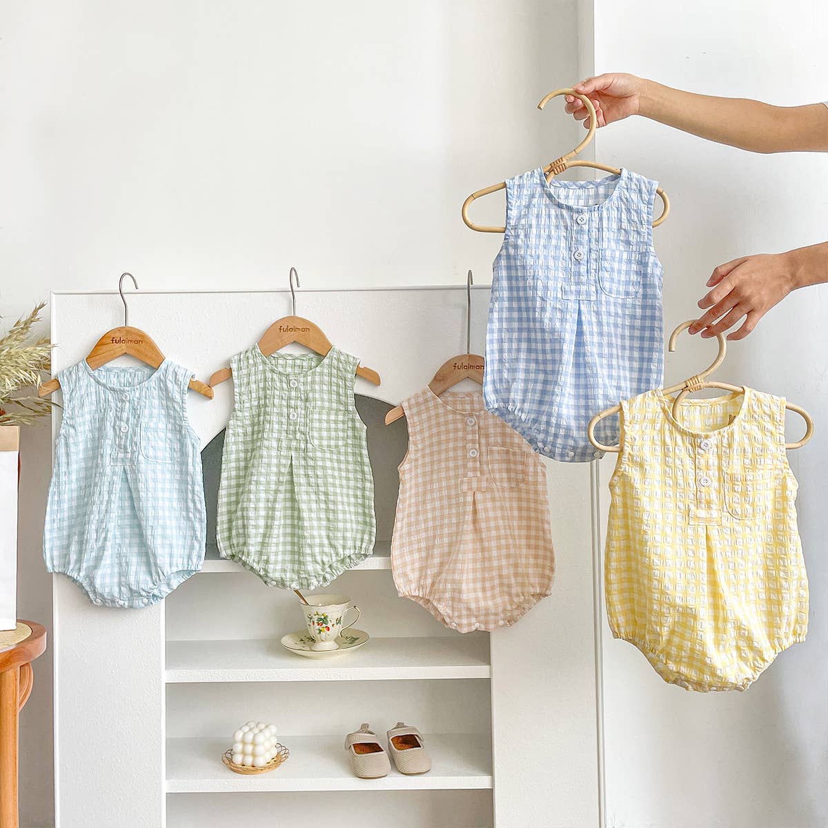 PatPat - Blue White Checkered Sleeveless Romper for Baby: Green / 6-9M