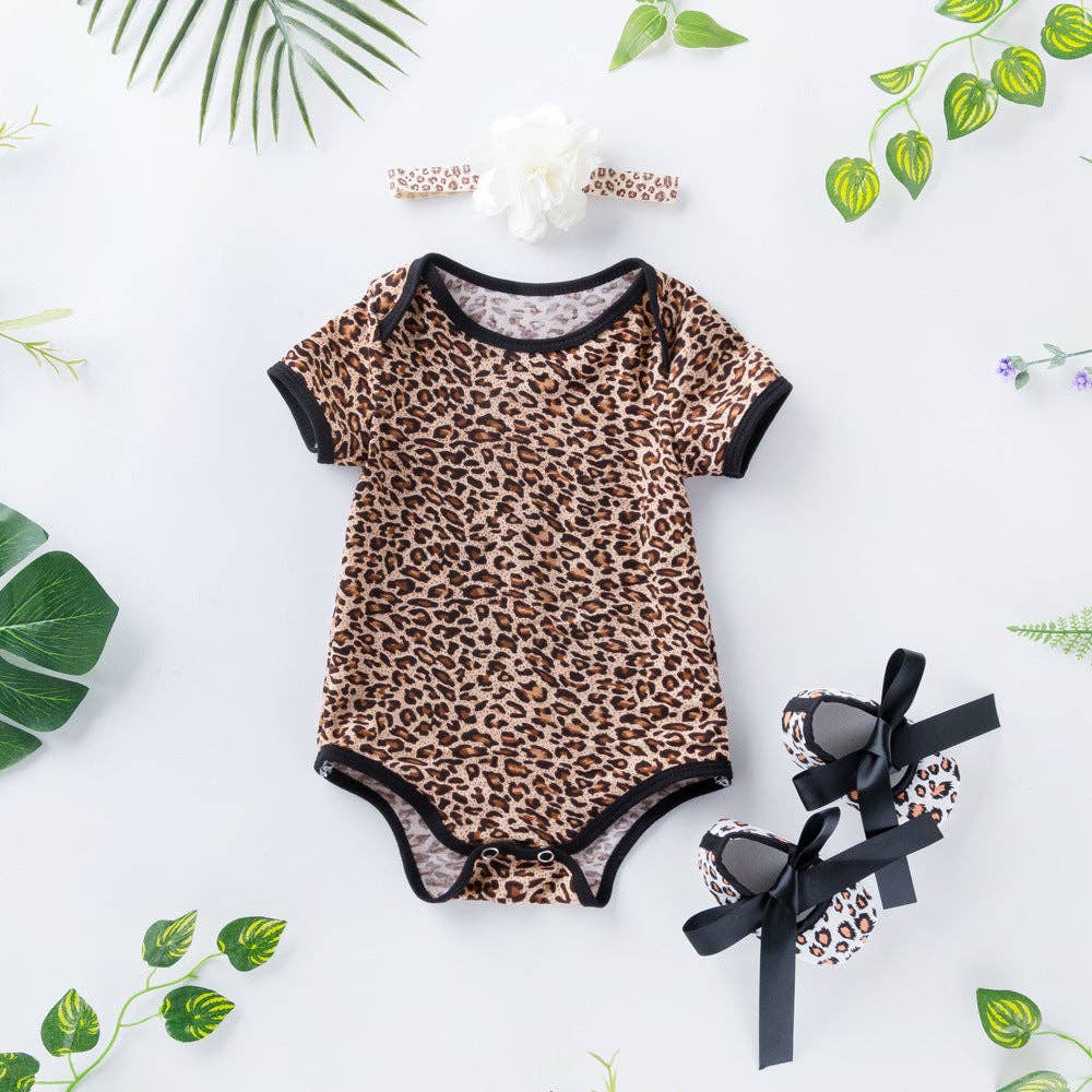 The Find Peaks - Infant Summer Romper Set with Short Sleeves and Leopard Rose Print: Rose Floral 3-Piece Set / 80 (12–24M)