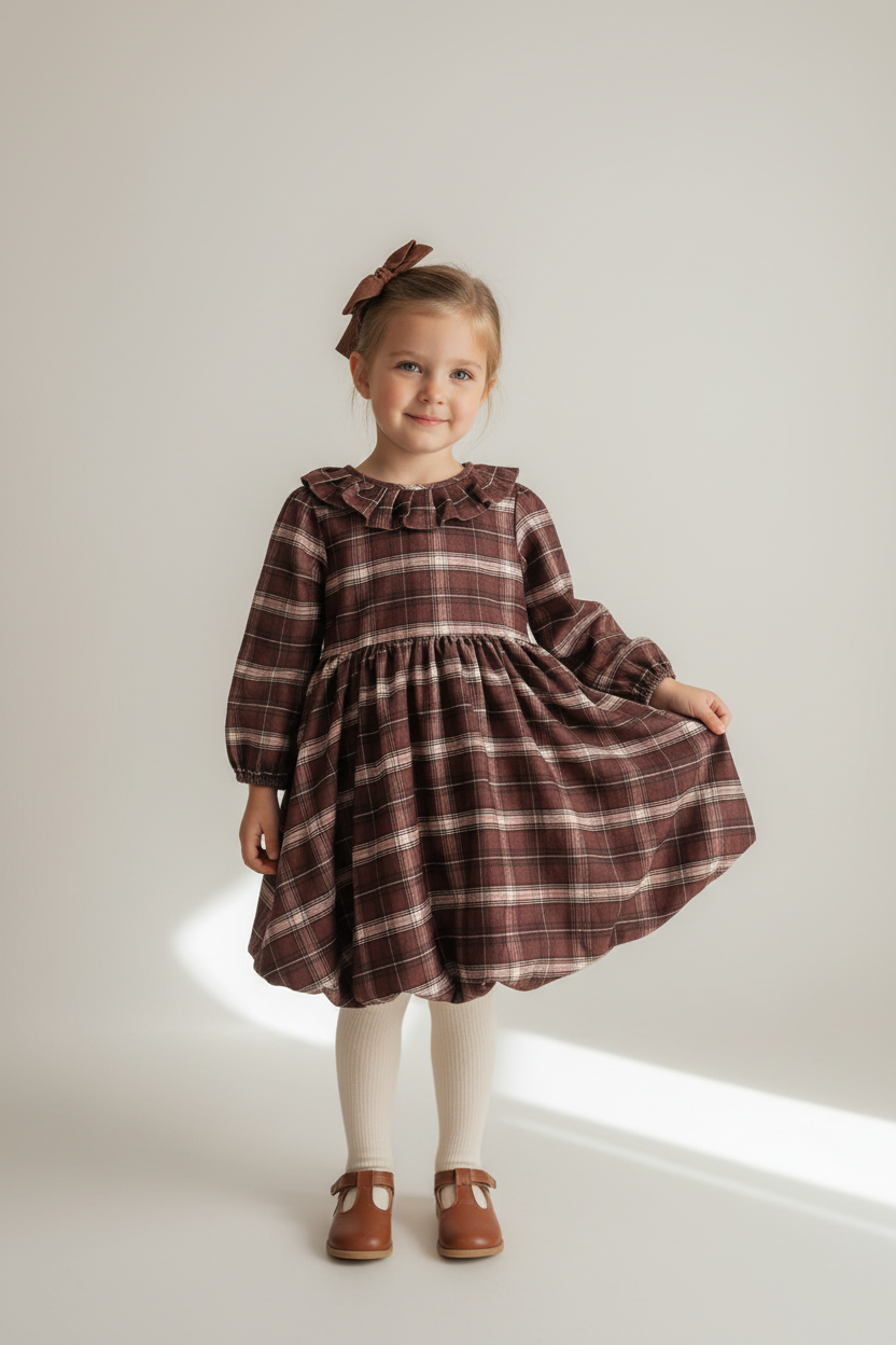 Little Grey - Long Sleeve Bubble Skirt Dress - Brown Plaid: 7-8Y
