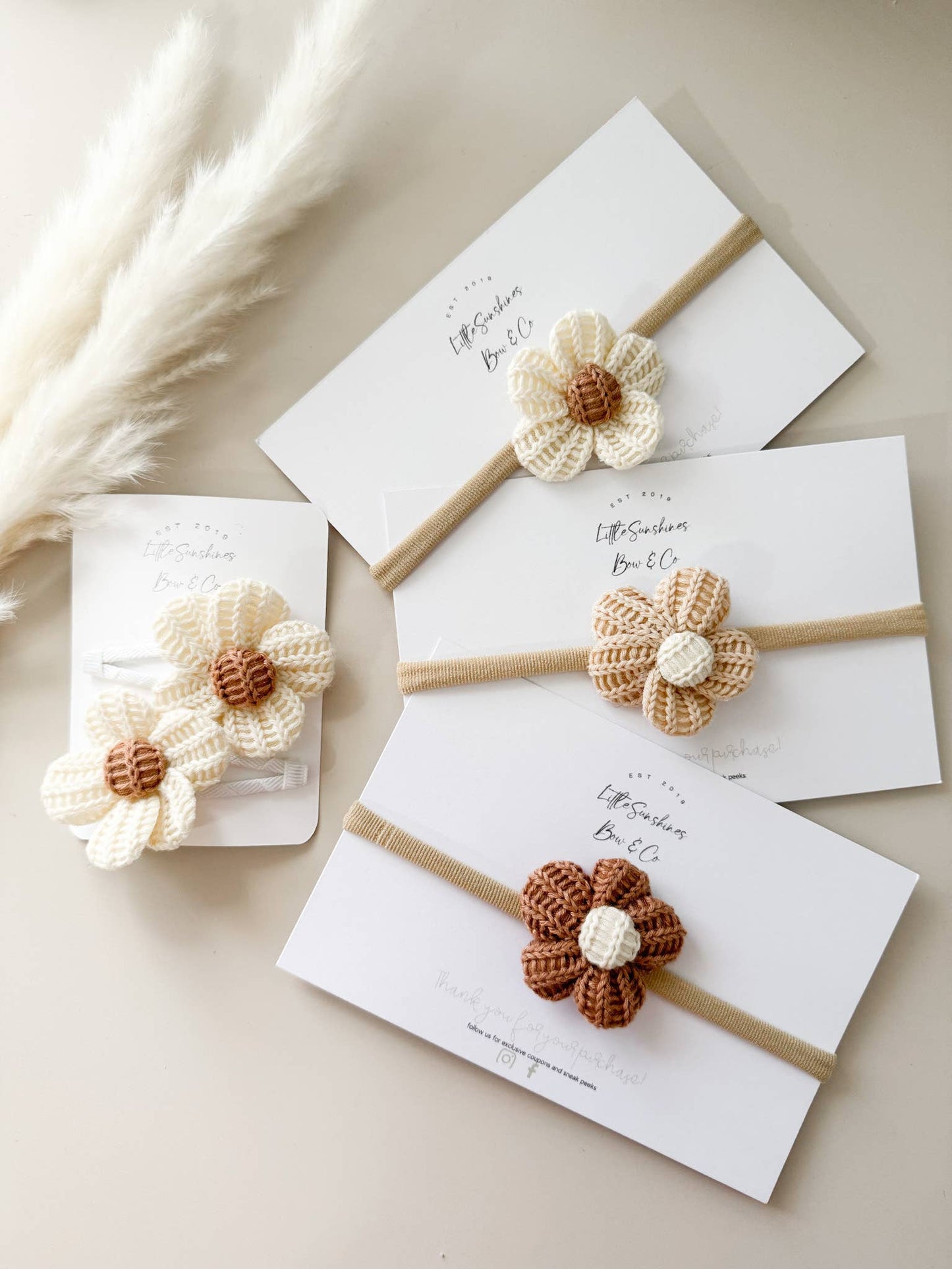 Little Sunshines Bow & Co - Quilted Flowers Hair Clips & Headbands: Brown & Cream Flower / Nylon Headband