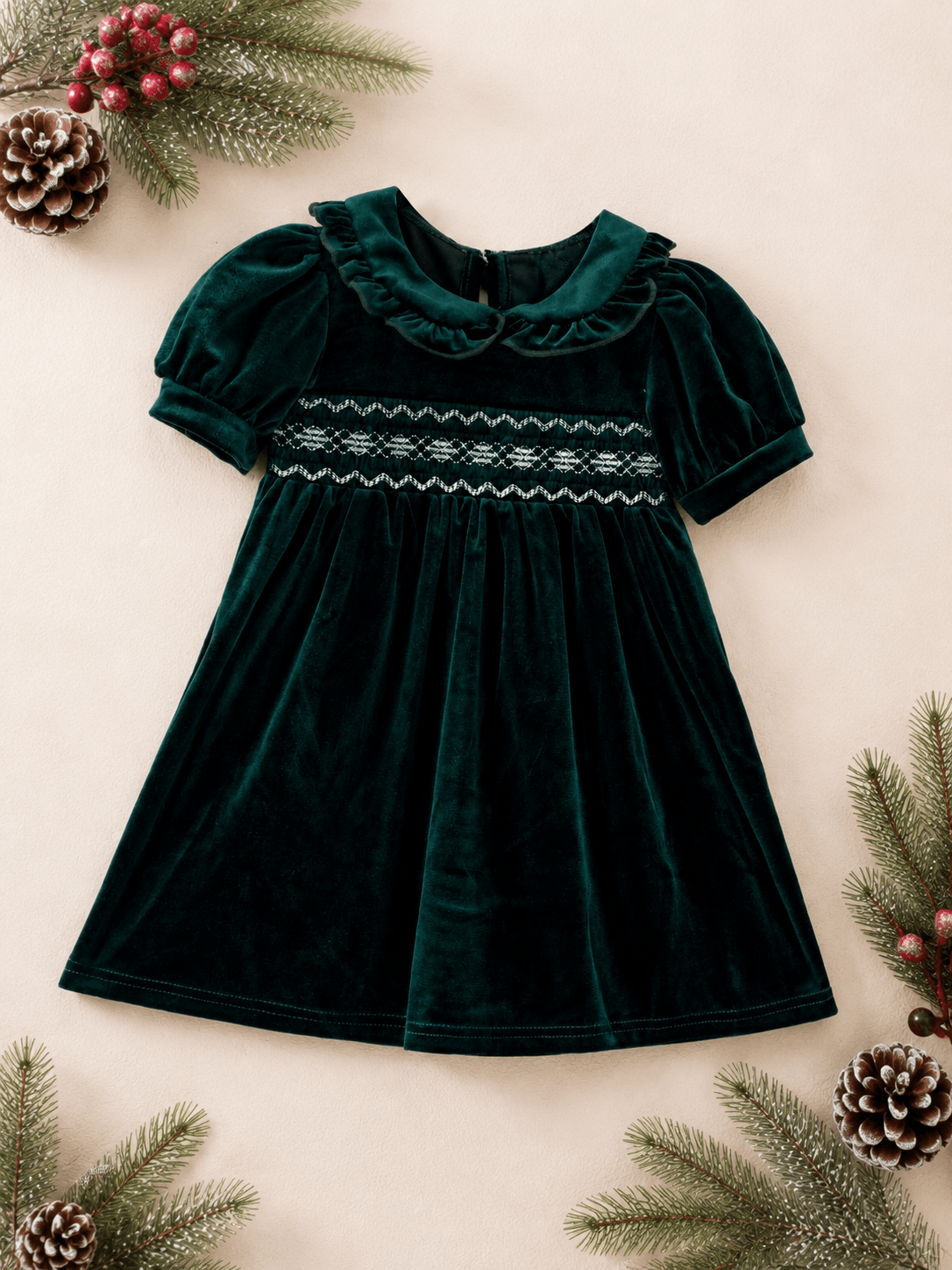 The Hair Bow Company - Girls Velvet Smocked Peter Pan Collar Dress: Scarlet / 3T