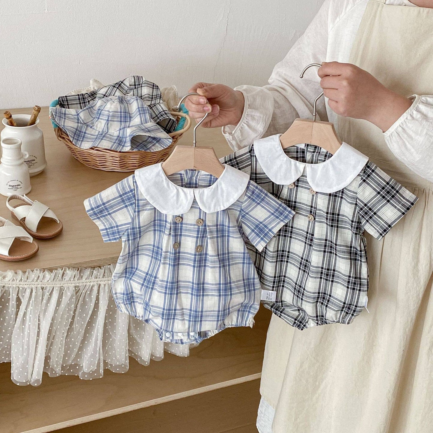 PatPat - Baby Plaid Short Sleeve Romper Set w White Collar Hat: Blue / 3-6M
