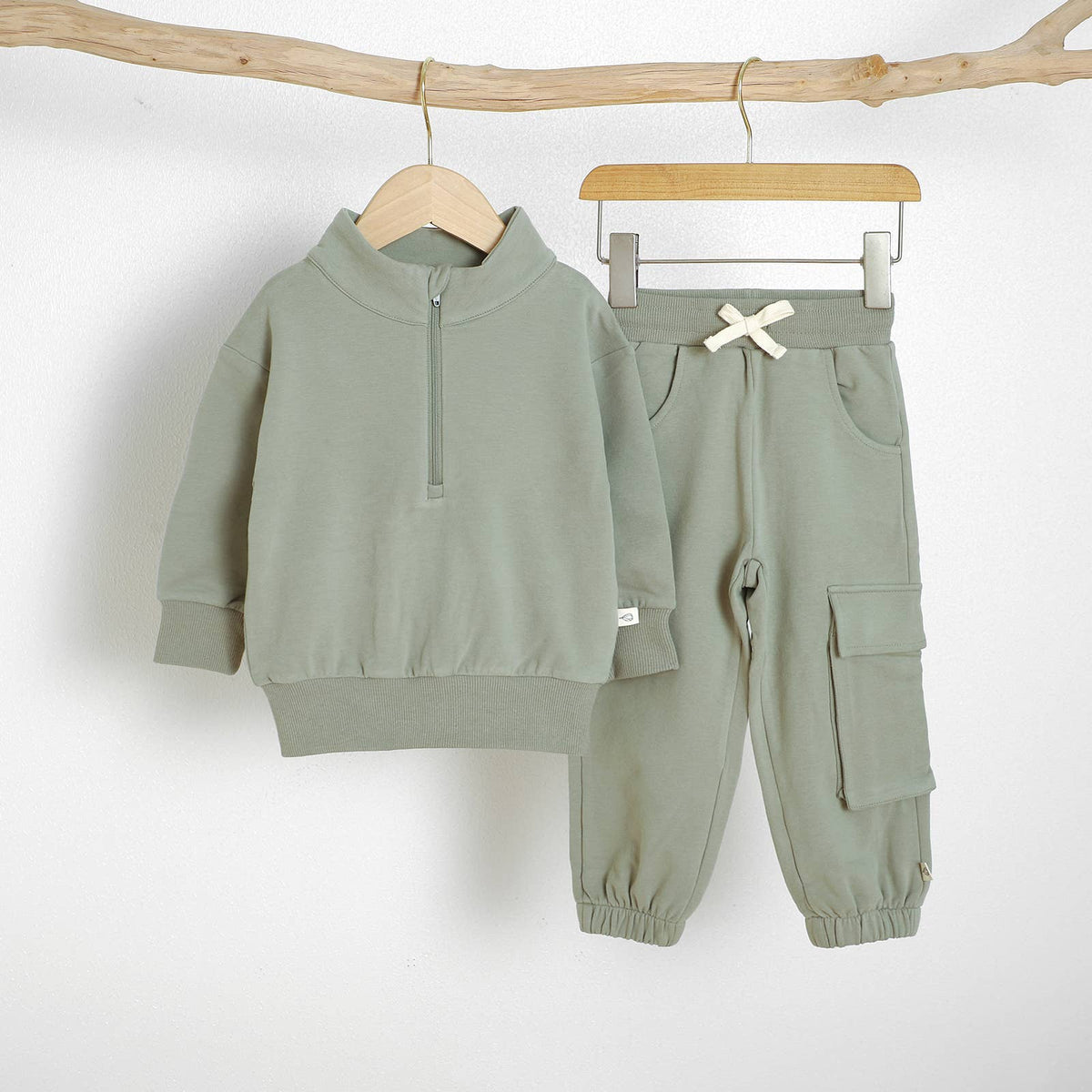 Almond Bud - The French Terry Organic Cotton Beach Jogger Set: Muted Sage / 12-18M