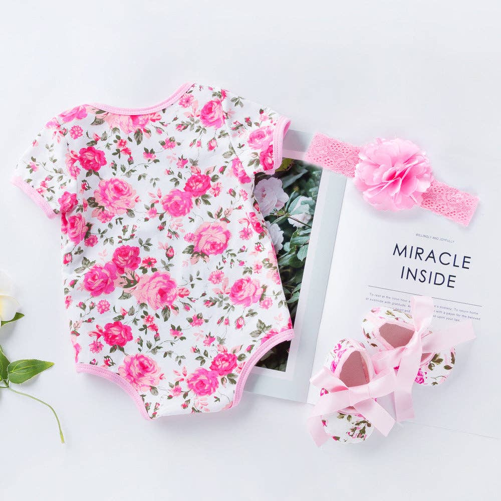 The Find Peaks - Infant Summer Romper Set with Short Sleeves and Leopard Rose Print: Rose Floral 3-Piece Set / 66 (3–6M)