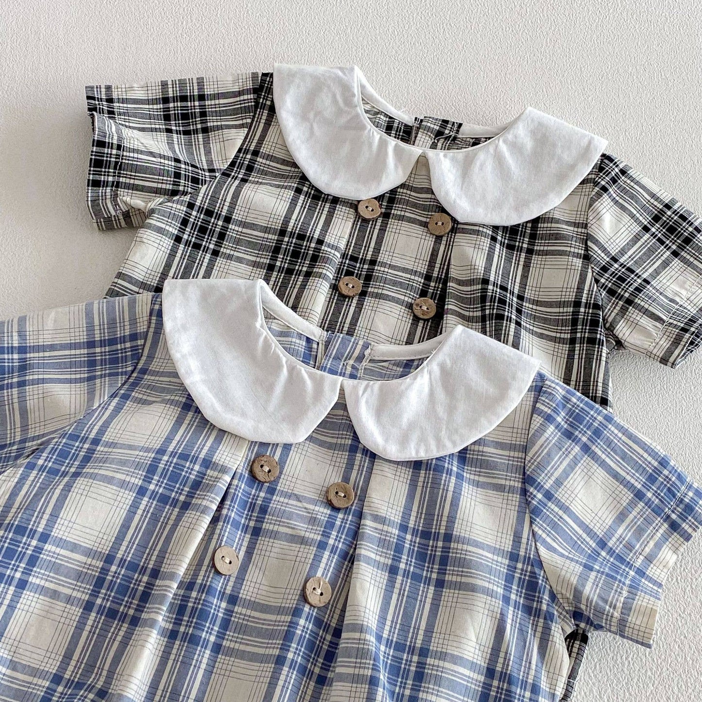 PatPat - Baby Plaid Short Sleeve Romper Set w White Collar Hat: Blue / 6-9M