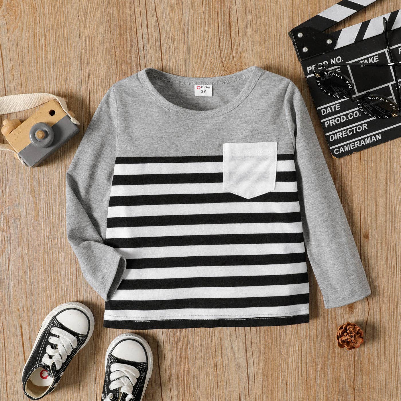 PatPat - Toddler Boy Stripe Splice Chest Pocket Decor Long-sleeve Tee: Light Grey / 18-24 Months