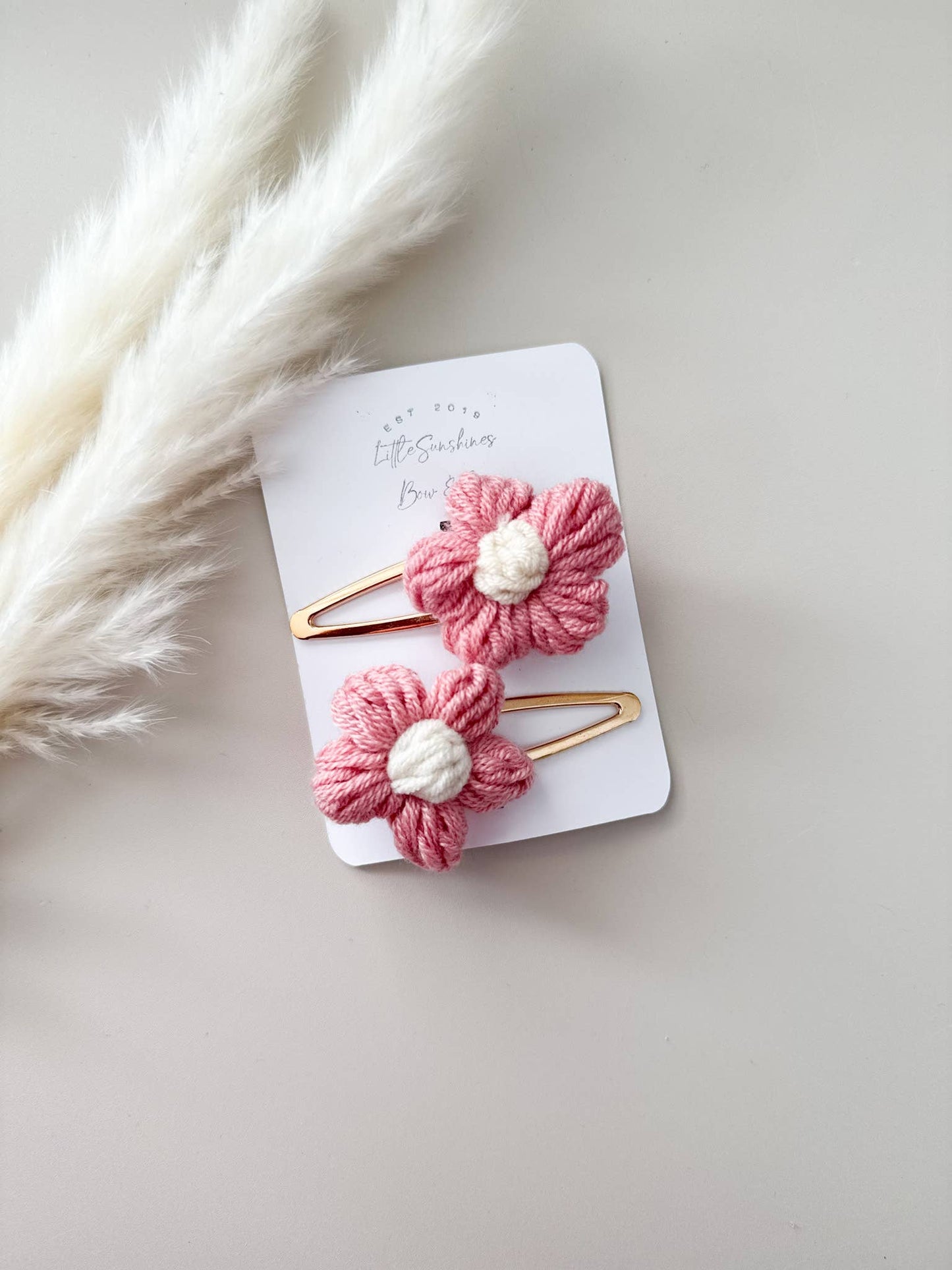 Little Sunshines Bow & Co - Crochet Flowers Hair Clips & Headbands: Pink & Yellow Flower / Nylon Headband