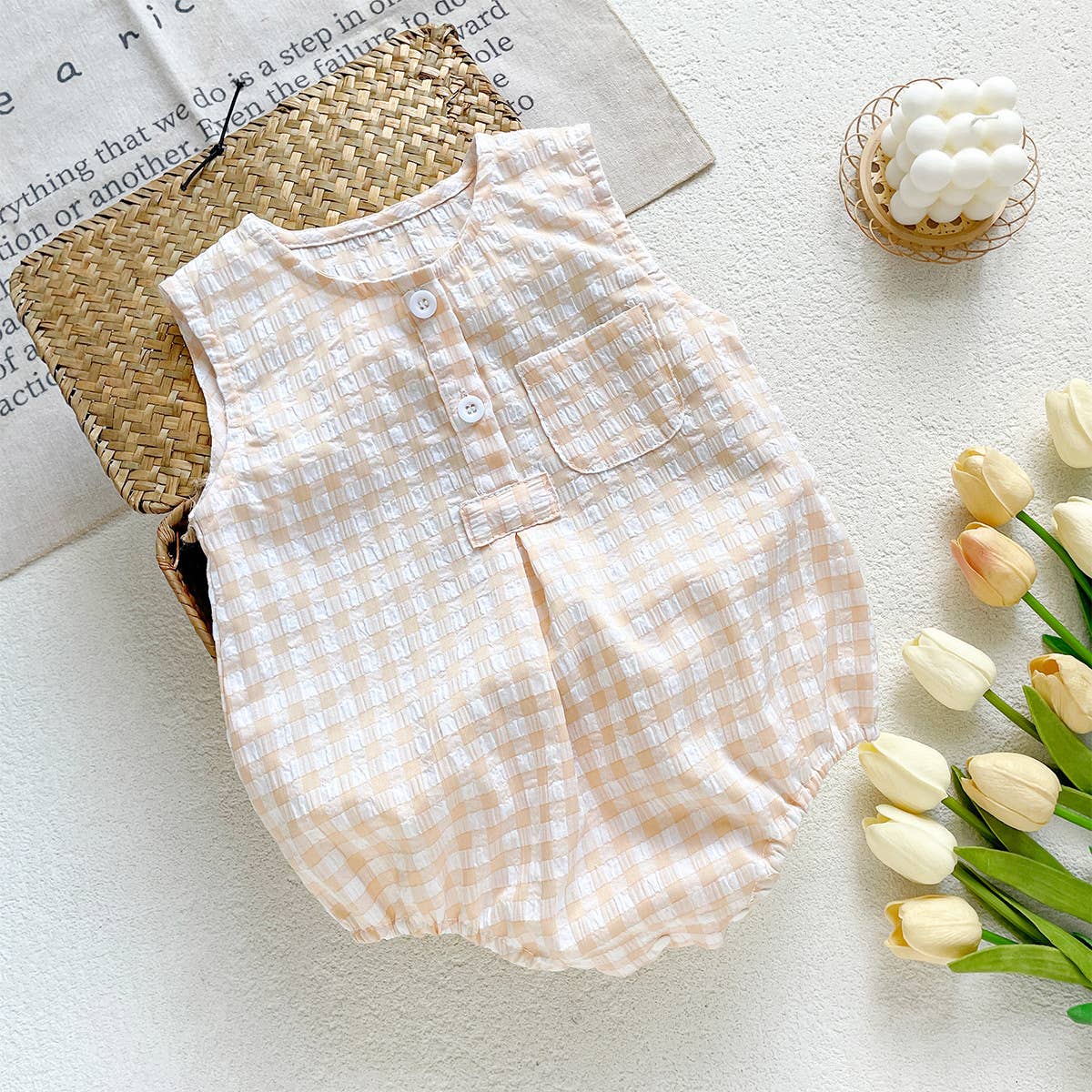 PatPat - Blue White Checkered Sleeveless Romper for Baby: Blue / 9-12M