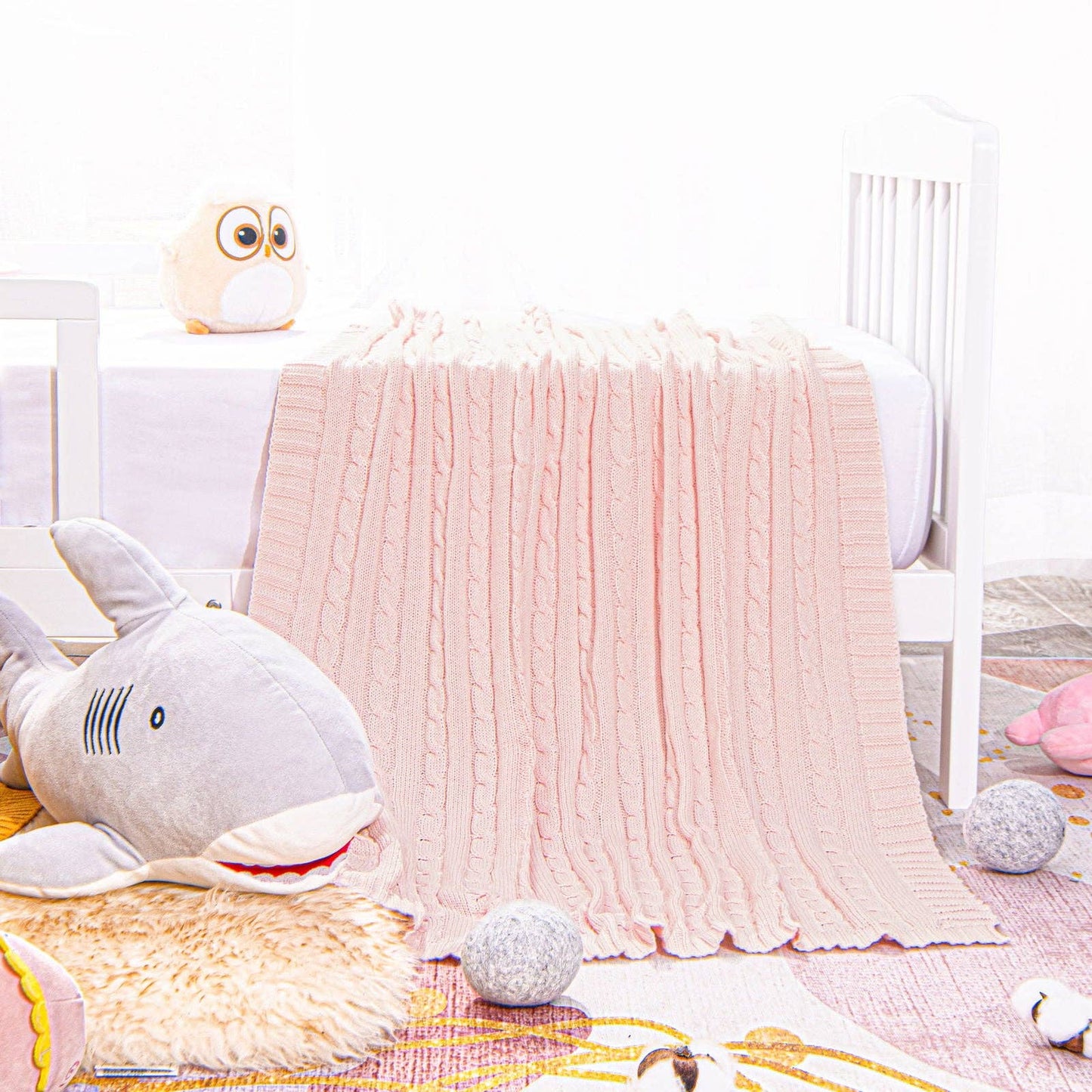 Bay & Loom - Cotton Cable Knitted Toddler Blanket: Baby Pink / 30 x 40 inches