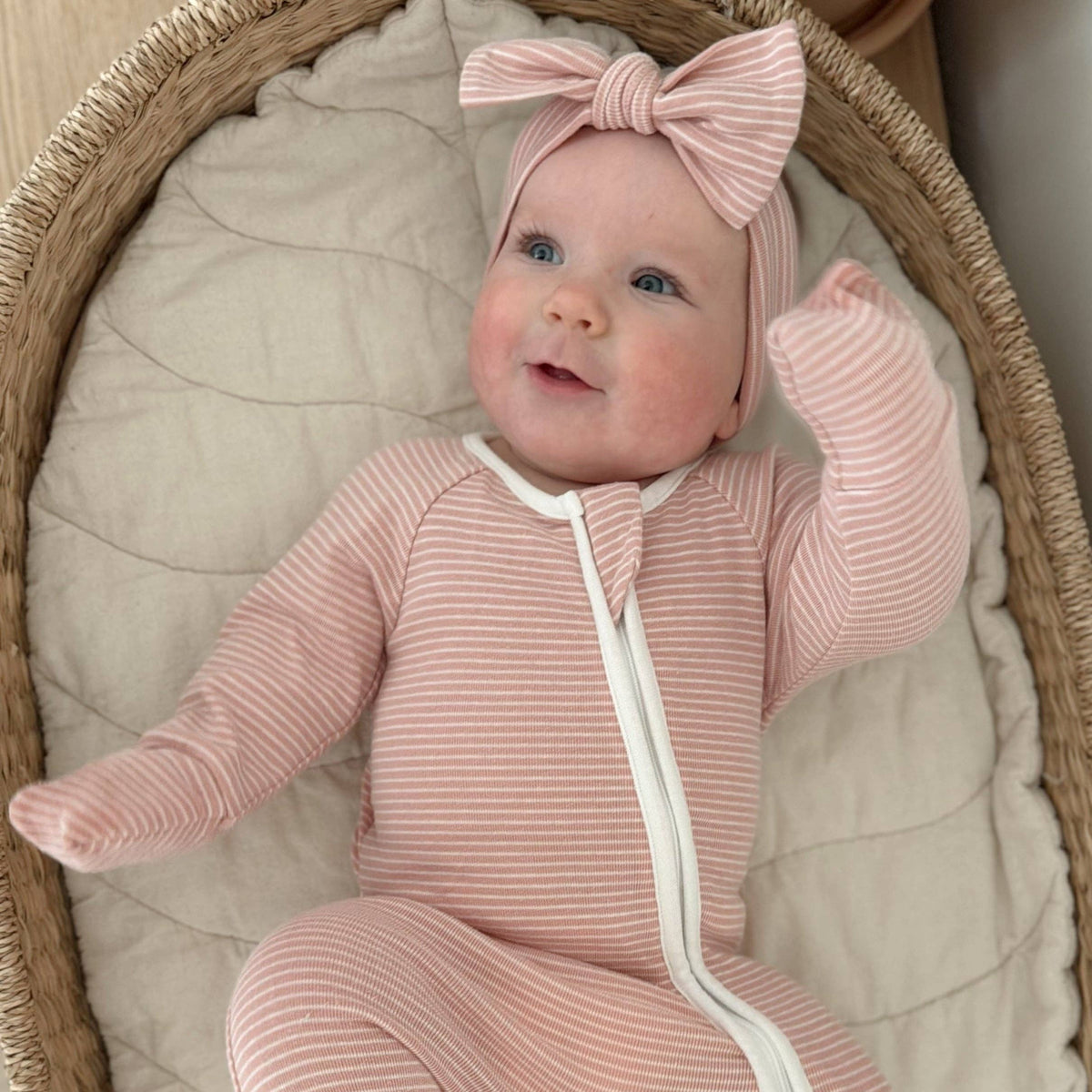 Meemo Jeemo - Organic Cotton Striped Peek-A-Poo Pajama in Pink: 12-18 Months