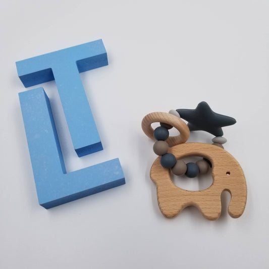 Wooden Elephant Silicone Teething Ring Teether Rattle