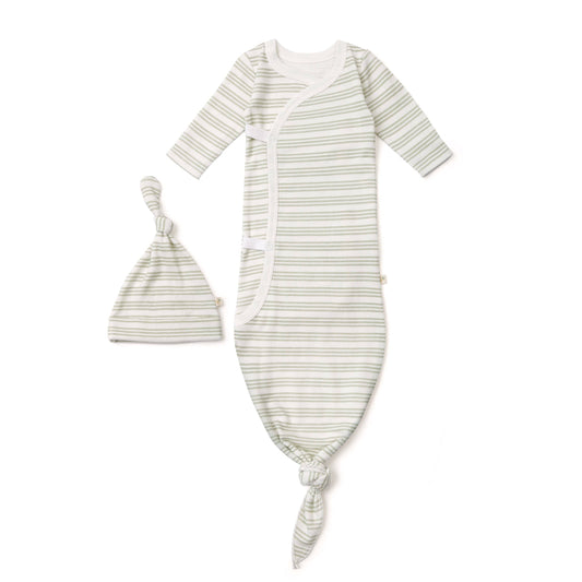 Organic Cotton Kimono Knotted Sleep Gown & Top Knot Hat - Foam Stripes